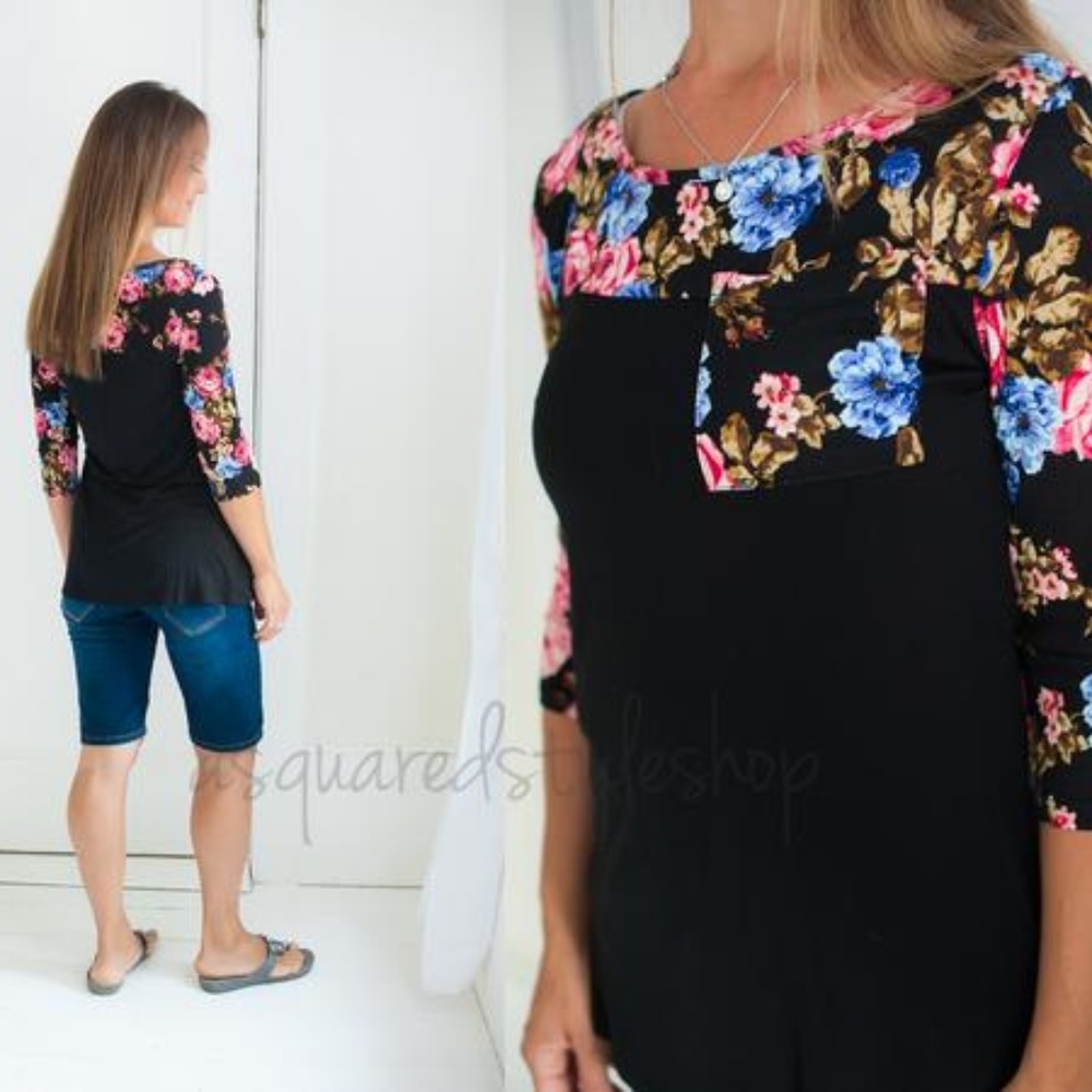 Black Top with Floral Sleeve